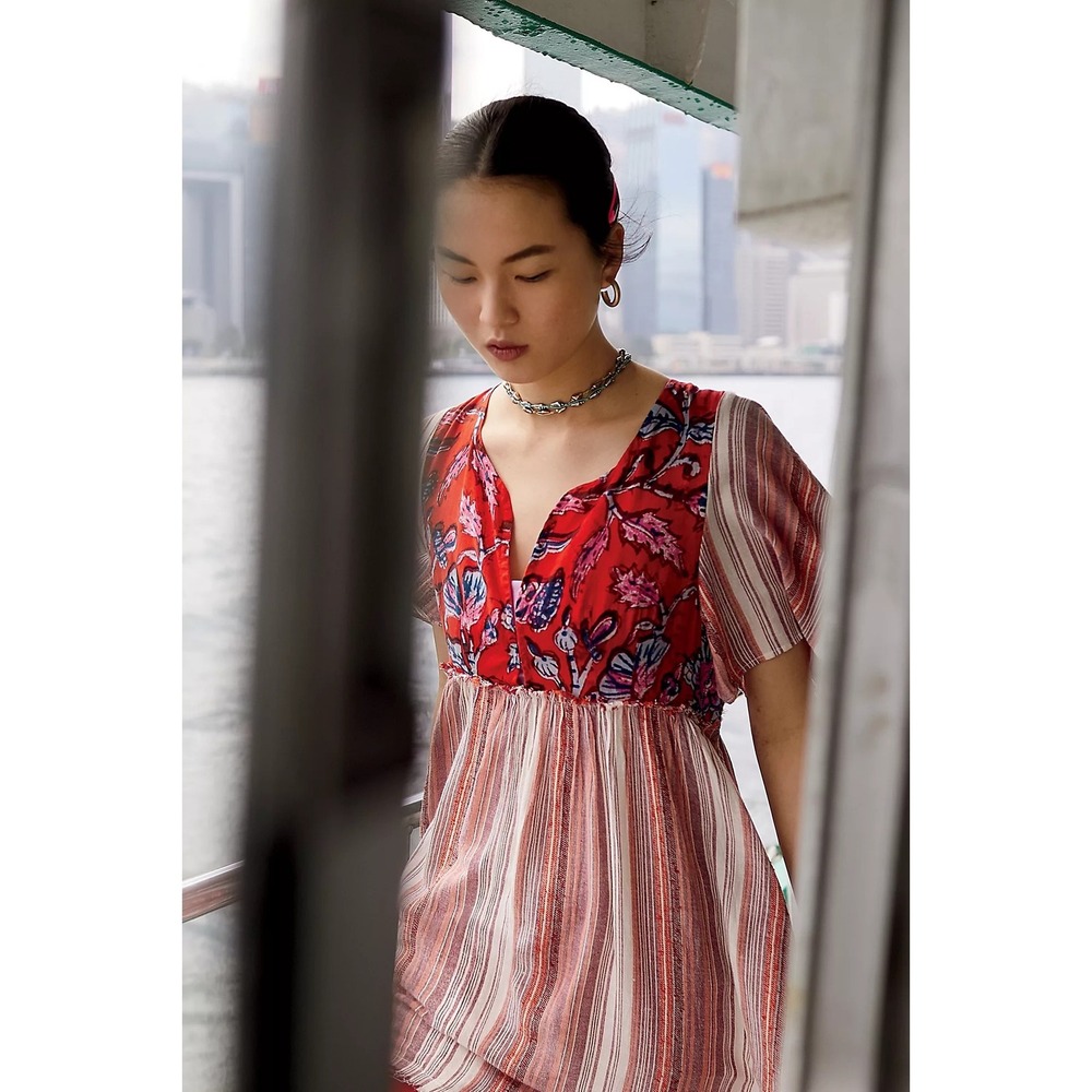 Free People Women's XS Red Under The Sun Tunic Empire Waist Deep V-Neckline Boho - Picture 10 of 11